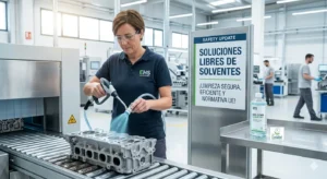 Trabajadora aplicando un limpiador industrial libre de solventes en fábrica